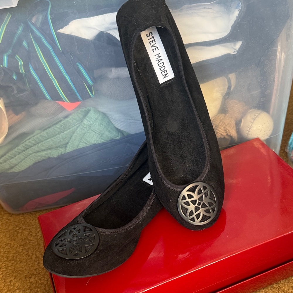 Steve Madden Black Suede Slip-On Flats with Decorative Medallions